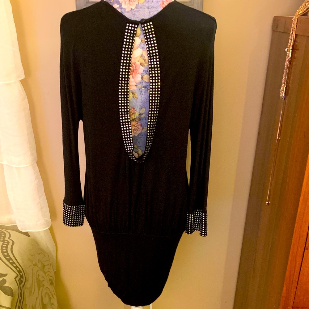 AKIRA OPEN BACK BLACK DRESS WITH RHINESTONE EMBELLISHED SLEEVES AND BACK.